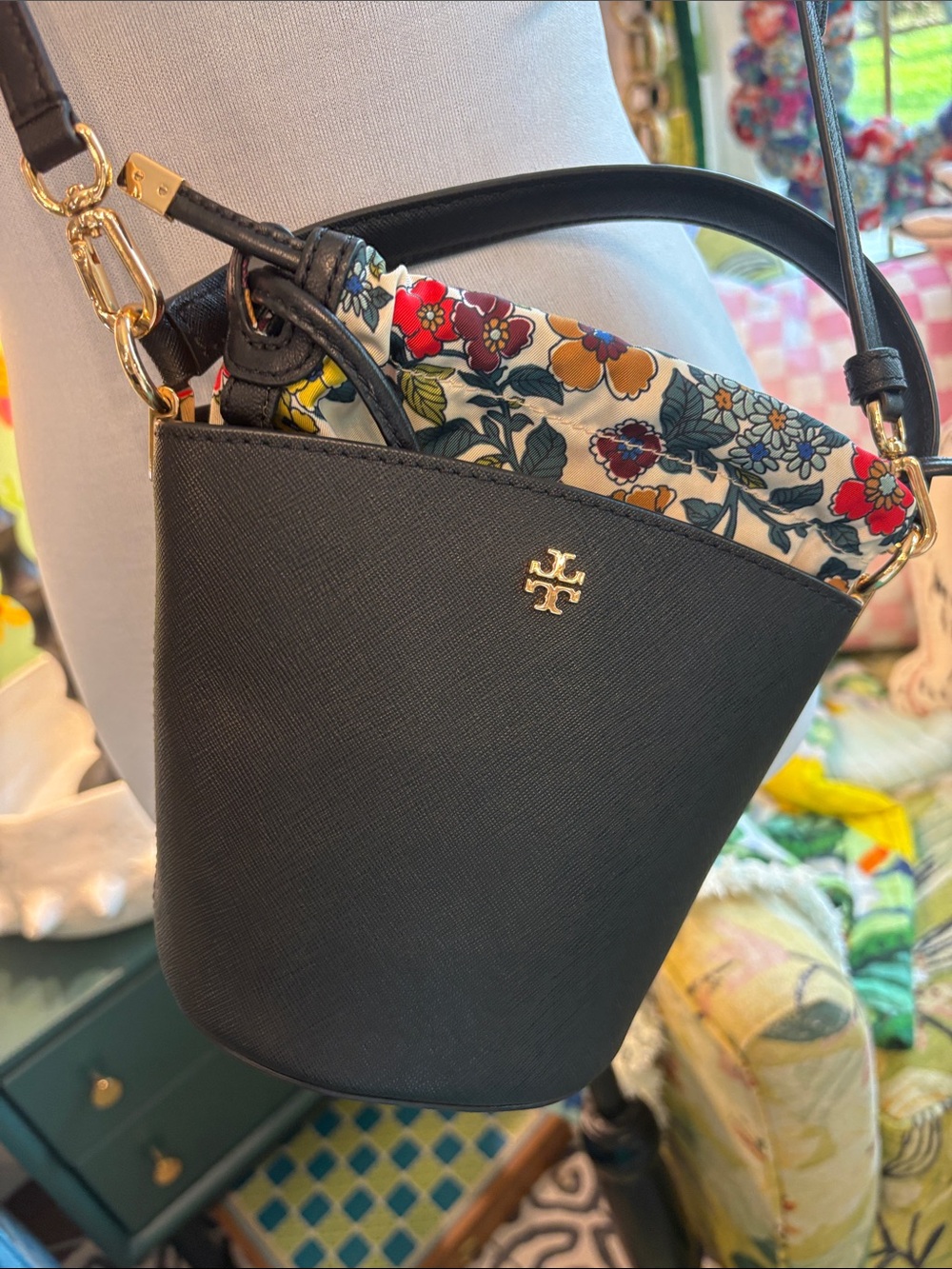 Tory Burch Black Leather Crossbody with Floral Accent Removable bag